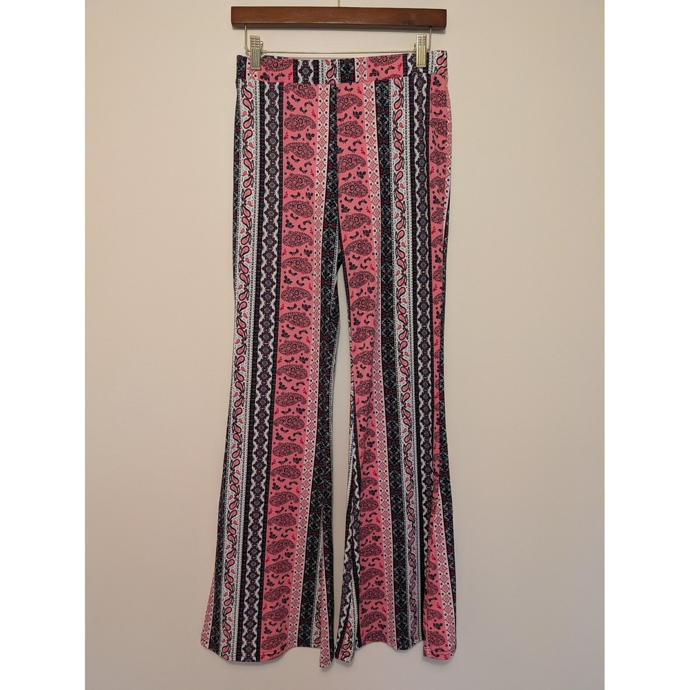 Shosho Women Boho Flare Leggings Pants Large Pink Paisley Stripe (fits 28x33)